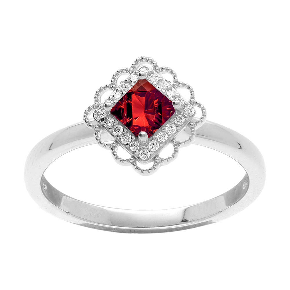 Bague en argent rhodi� avec oxyde rouge carr� serti et halo d\' oxydes blancs - Vue 1