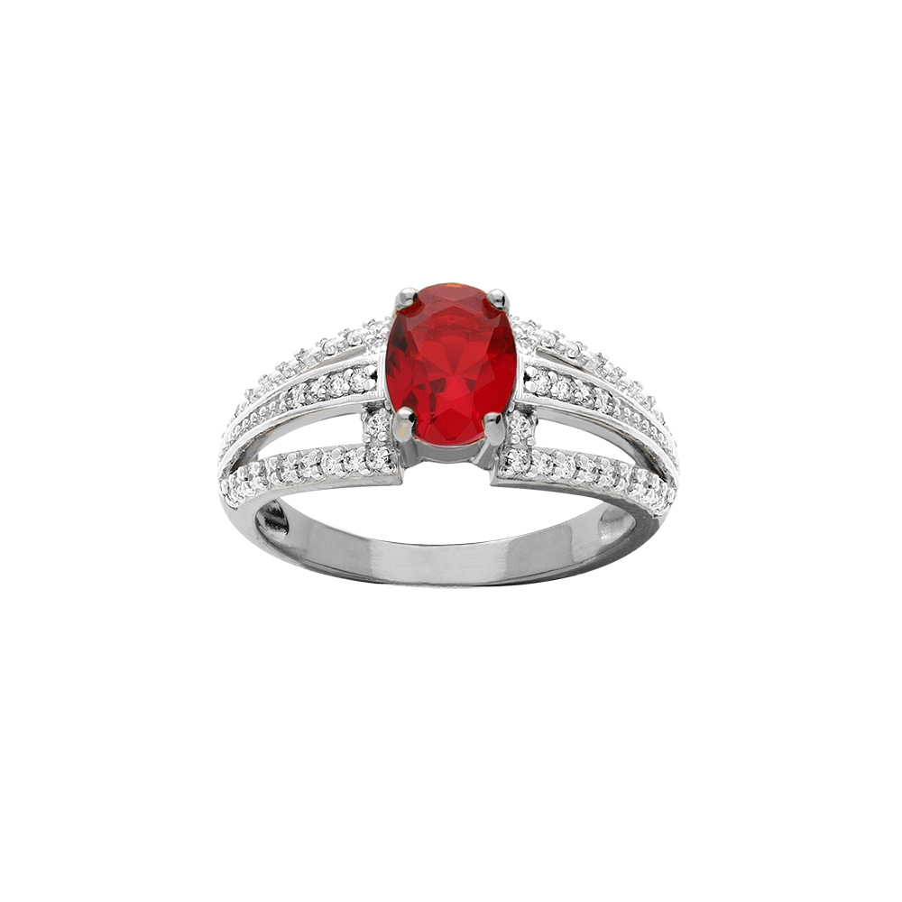 Bague en argent rhodi avec oxyde rouge central et trois rails d\'oxydes blancs sertis - Vue 1