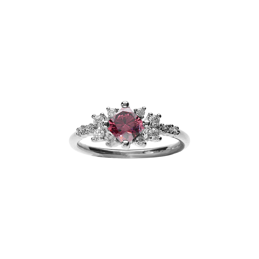 Bague en argent rhodi avec oxyde serti forme carr rose et entourage blanc - Vue 1