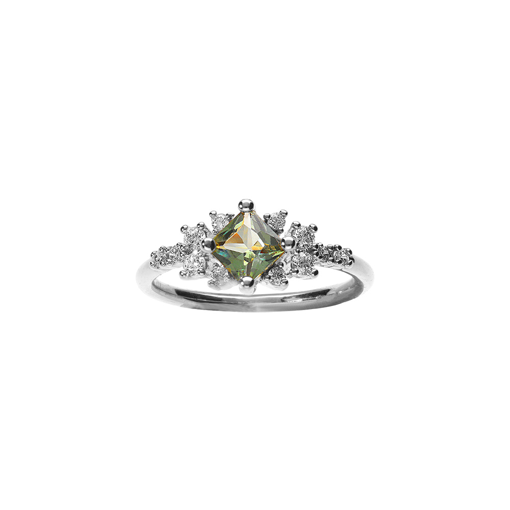 Bague en argent rhodi avec oxyde serti forme carr vert et entourage blanc - Vue 1