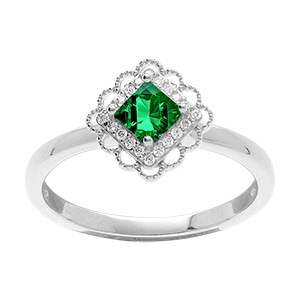 Bague en argent rhodi� avec oxyde vert carr� serti et halo d' oxydes blancs