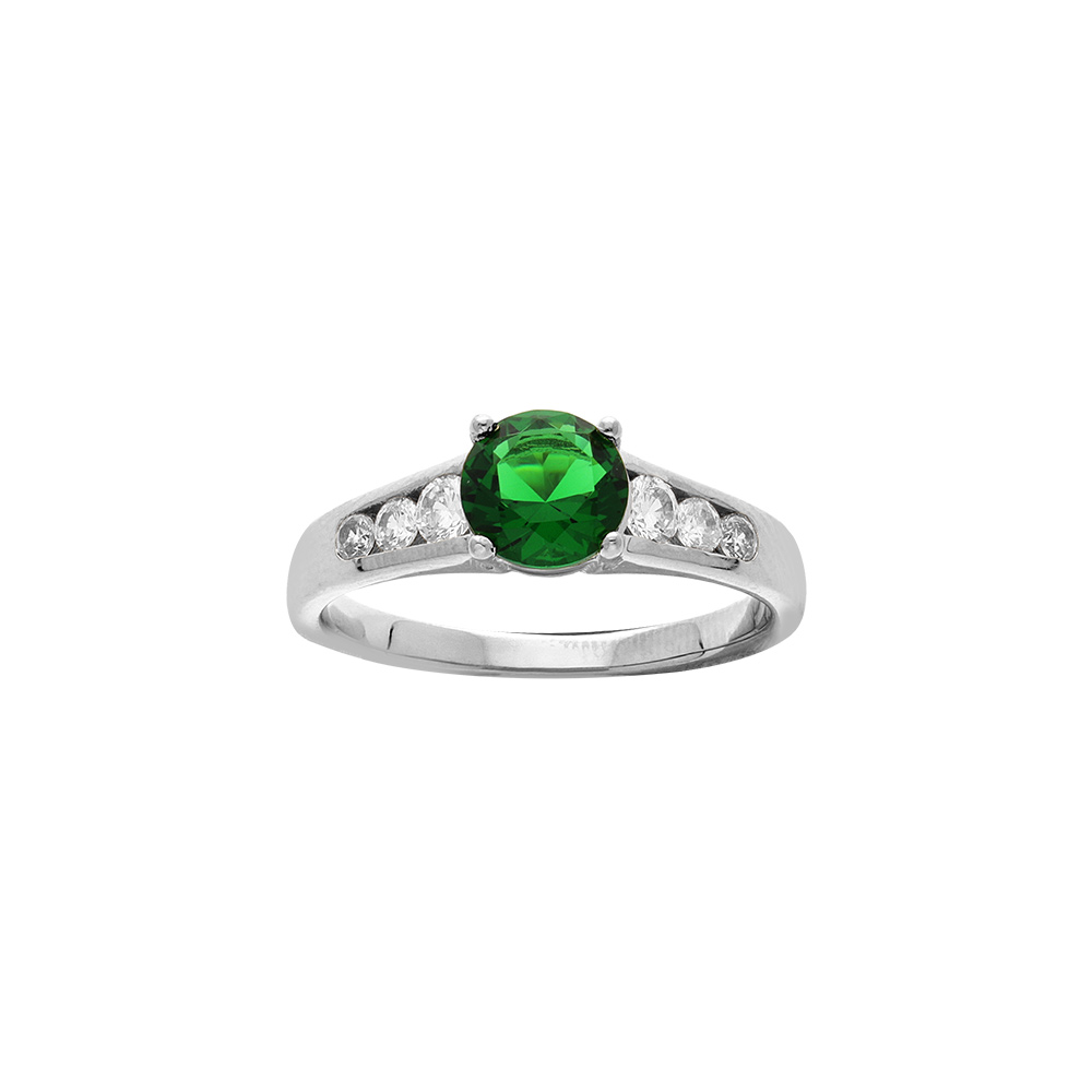 Bague en argent rhodi avec oxyde vert cetral et oxydes blancs sertis - Vue 1