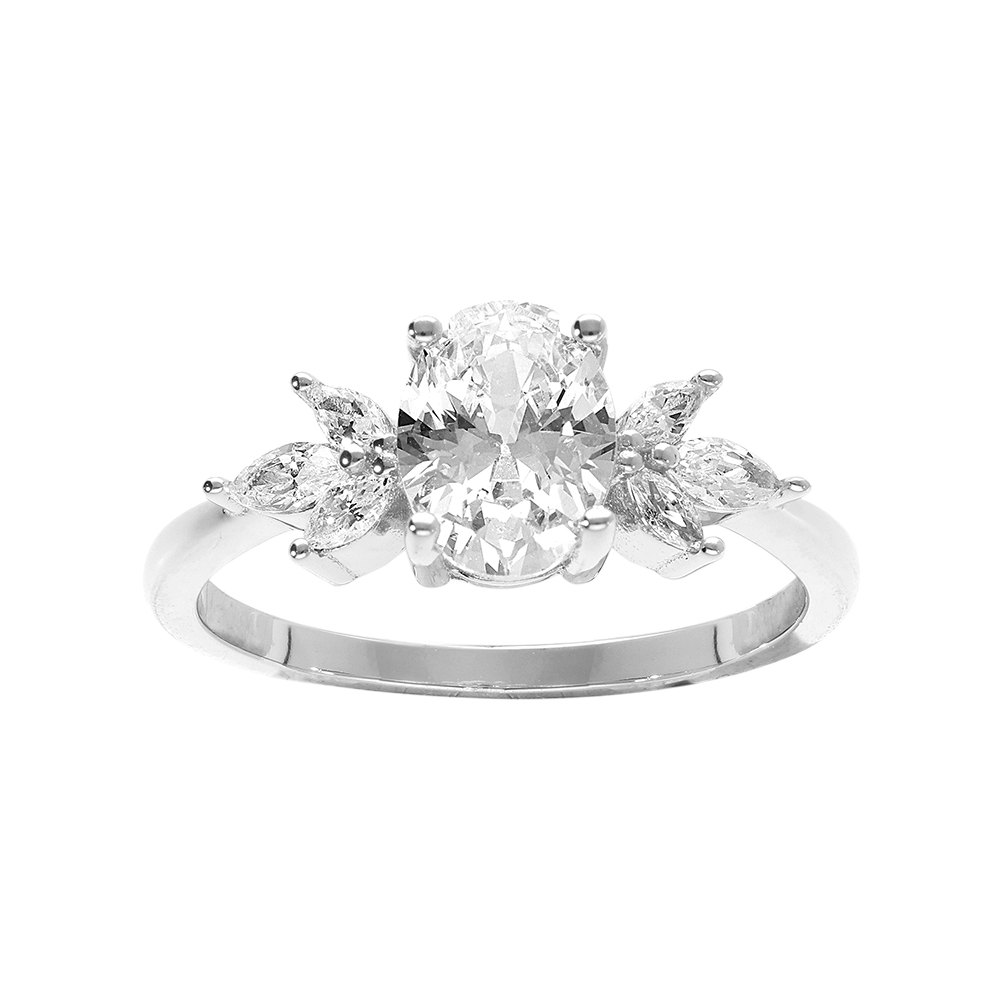 Bague en argent rhodi avec oxydes blancs en forme de fleur - Vue 1