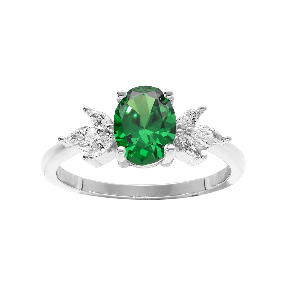 Bague en argent rhodi� avec oxydes blancs et vert en forme de fleur - Vue 1