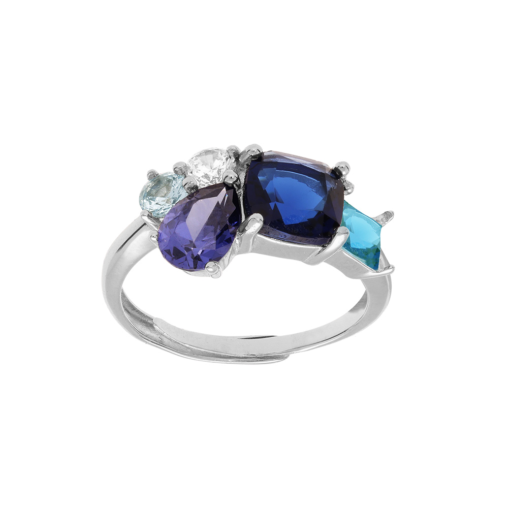 Bague en argent rhodi� avec 5 oxydes bleus et blanc sertis - Vue 1