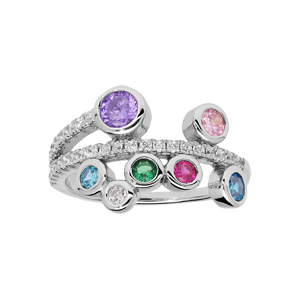 Bague en argent rhodi avec oxydes multicouleur et rail d\'oxydes blancs - Vue 1