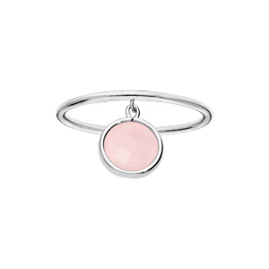 Bague en argent rhodié avec pampille pierre facetée ronde serti clos couleur rose - Vue 1