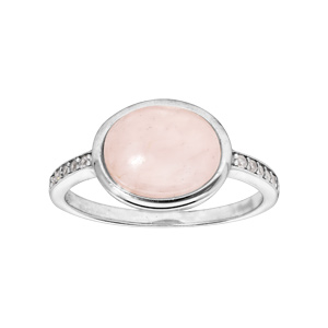 Bague en argent rhodi avec pierre ovale en quartz rose et oxydes blancs sertis - Vue 1