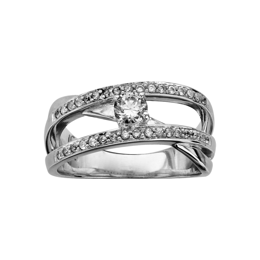 Bague en argent rhodi avec 2 rails d\'oxydes blancs et 1 oxyde blanc central sur brin diagonal - Vue 1