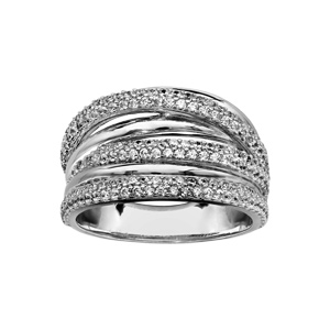 Bague en argent rhodié avec 2 rails d\'oxydes blancs et 1 oxyde blanc central sur brin diagonal - Vue 1