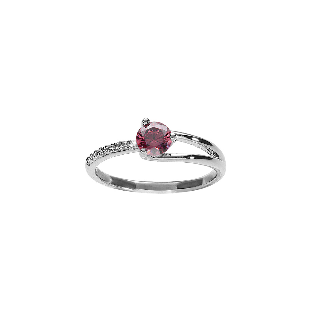 Bague en  argent rhodi avec solitaire d\'oxyde rose et oxydes blancs sertis - Vue 1