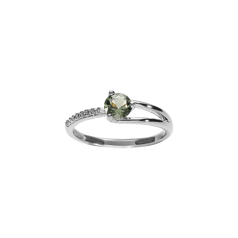 Bague en argent rhodi avec solitaire d\'oxyde vert et oxydes blancs sertis - Vue 1