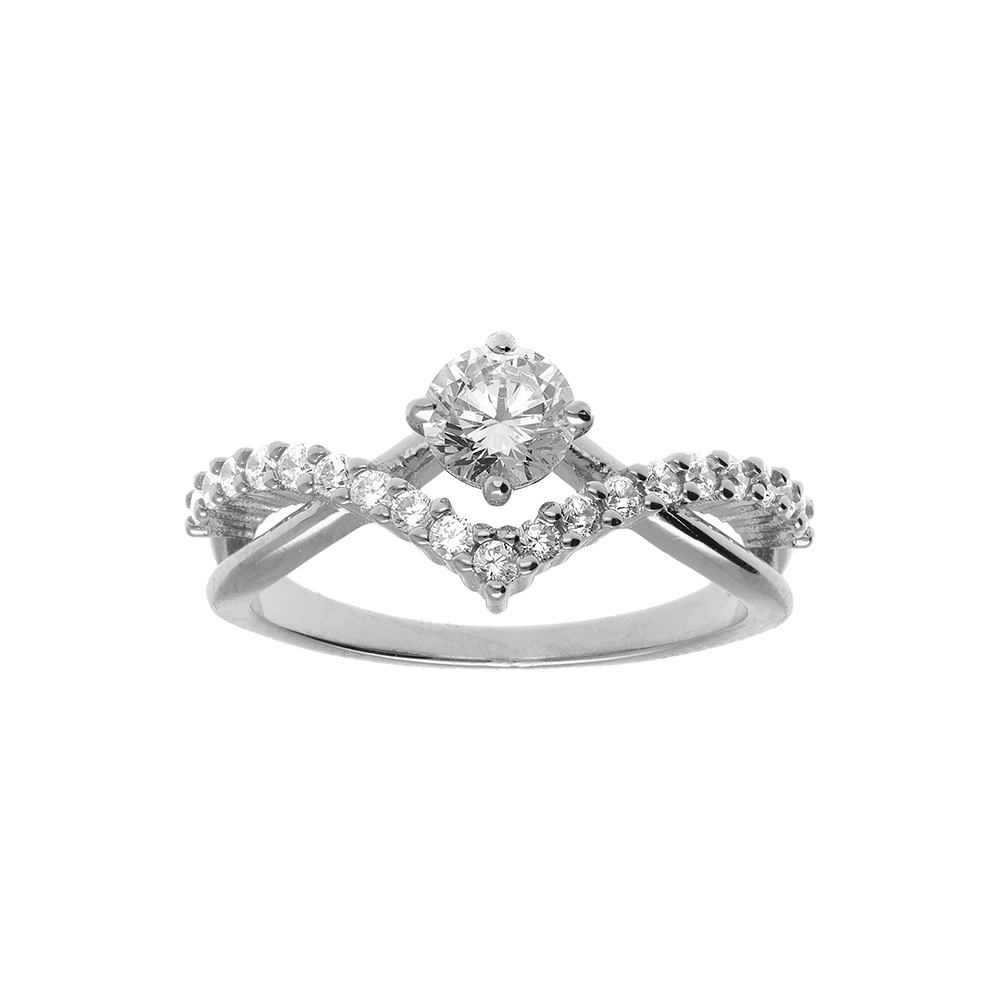 Bague en argent rhodi� avec solitaire oxyde blanc serti de 5mm avec pointe oxydes blancs - Vue 1