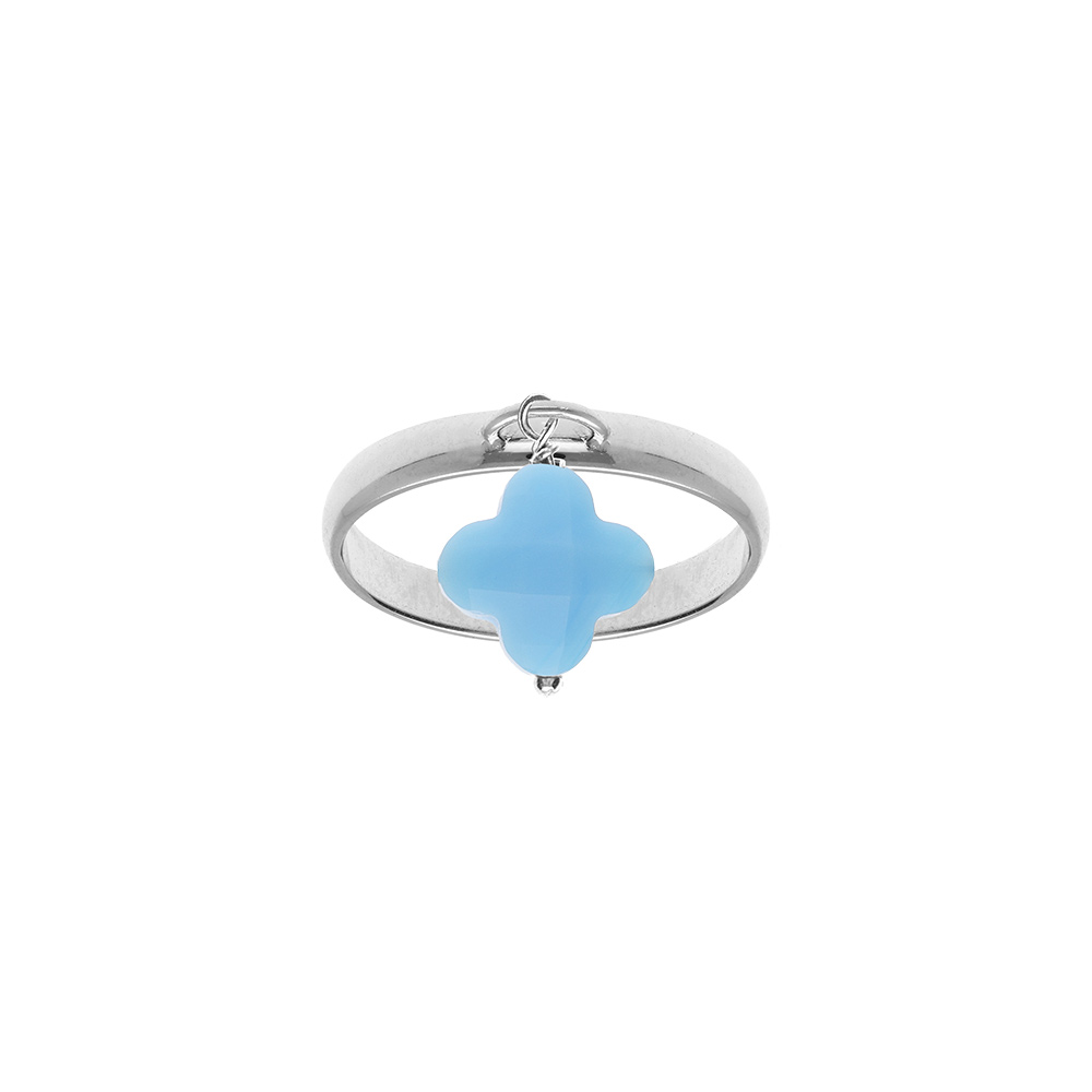 Bague en argent rhodi� avec tr�fle en verre facett� bleu ciel - Vue 1