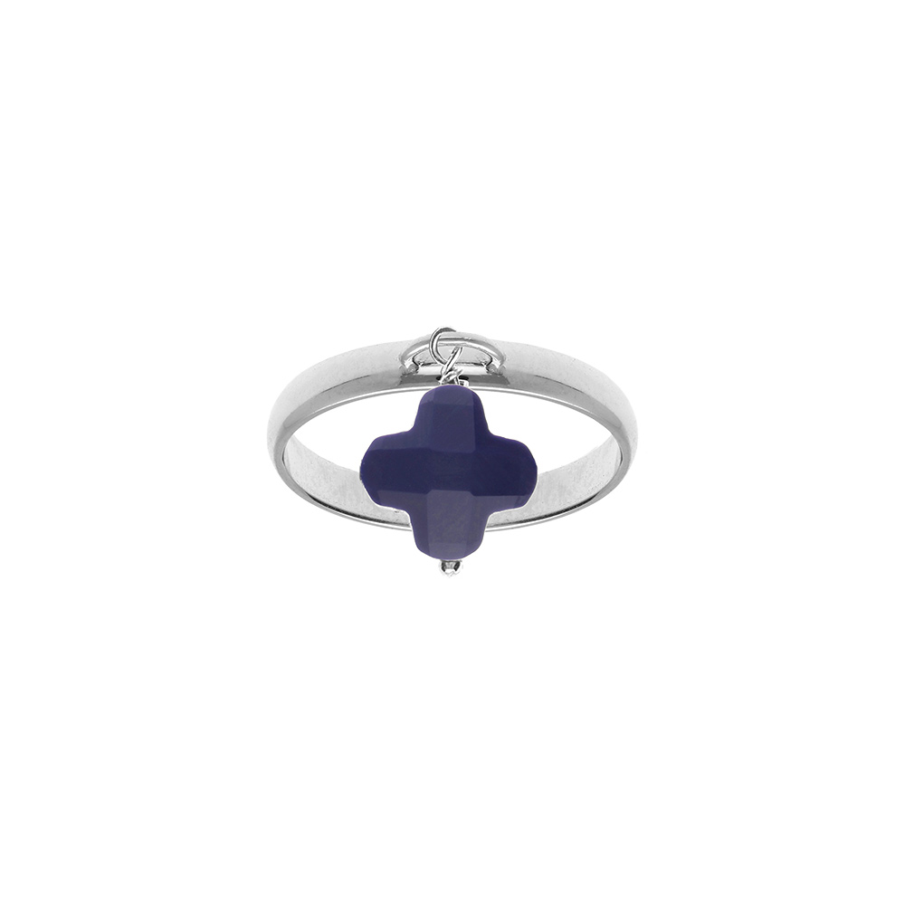 Bague en argent rhodi� avec tr�fle en verre facett� bleu marine - Vue 1
