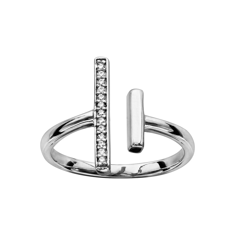 Bague en argent rhodi� 2 barrettes avec oxydes blancs sertis - Vue 1