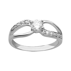 Bague en argent rhodi 2 boucles colles avec moitis en oxydes blancs sertis et 1 oxyde blanc au centre - Vue 1