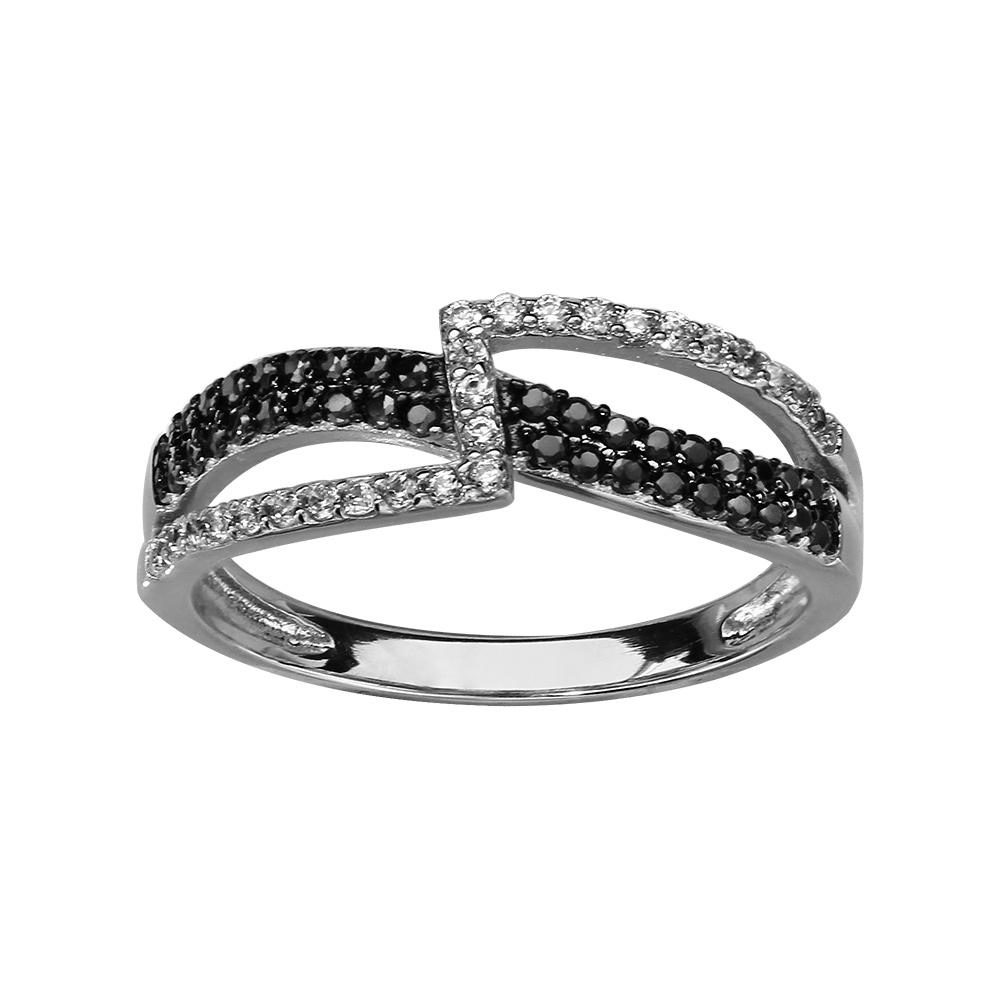 Bague en argent rhodi� 1 brin en forme de vague avec oxydes noirs et 1 brin en Z avec oxydes blancs crois�s - Vue 1