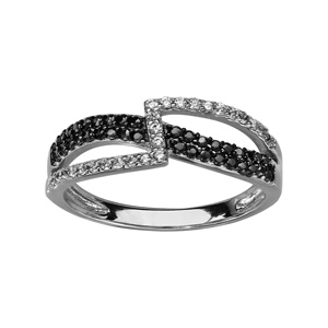 Bague en argent rhodi 1 brin en forme de vague avec oxydes noirs et 1 brin en Z avec oxydes blancs croiss - Vue 1