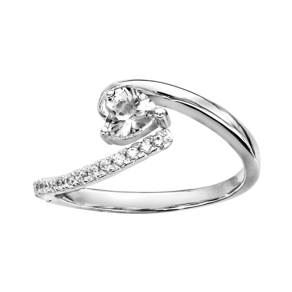 Bague en argent rhodi� brin qui fait le tour avec 1 extr�mit� demi-rail d\'oxydes et l\'autre lisse en forme de vague avec coeur en oxydes blancs sertis au centre - Vue 1