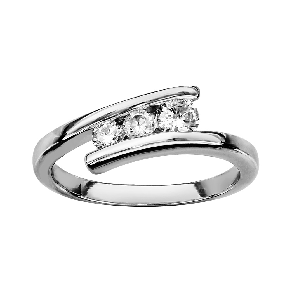 Bague en argent rhodi� brin qui fait le tour avec 3 oxydes blancs dan l\'intervalle au milieu - Vue 1