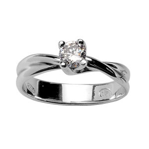 Bague en argent rhodi 2 brins croiss avec solitaire en oxyde blanc serti 4 griffes - Vue 1