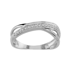 Bague en argent rhodi 2 brins croiss dont un pav d\'oxydes blancs - Vue 1