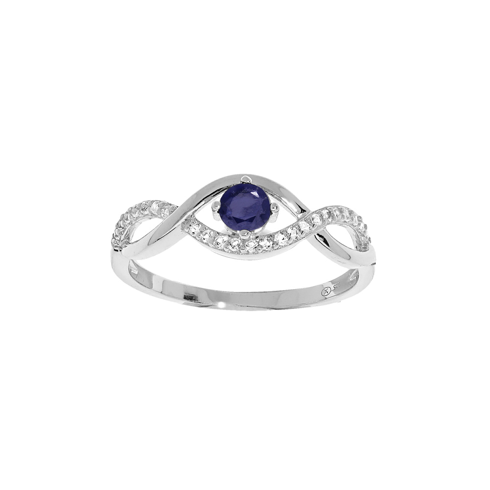 Bague en argent rhodi� brins entrelac�s avec oxydes bleus et blancs sertis - Vue 1