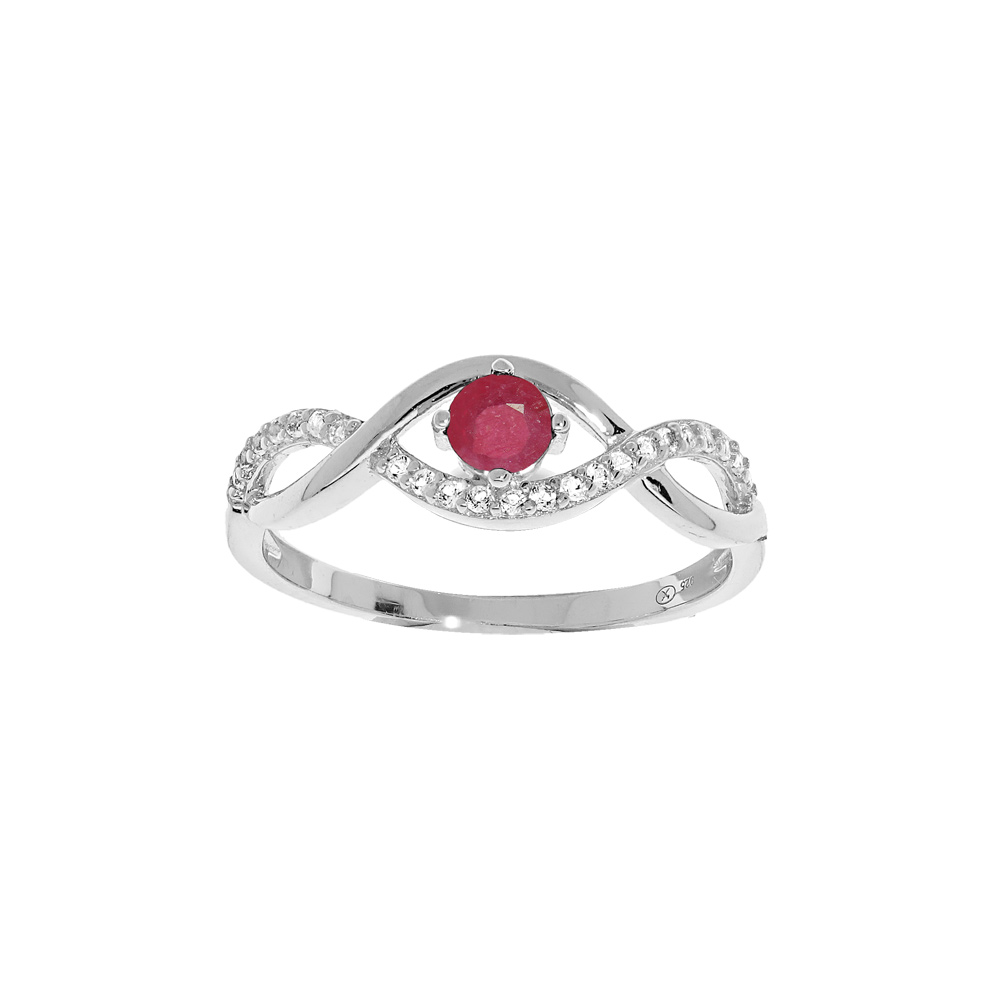 Bague en argent rhodi� brins entrelac�s avec oxydes rouges et blancs sertis - Vue 1