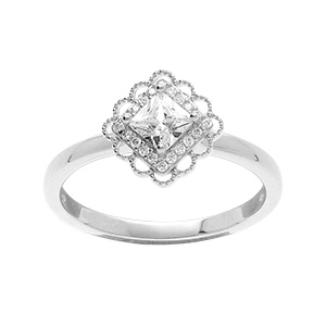 Bague en argent rhodi carr oxyde blanc serti contour dentel
