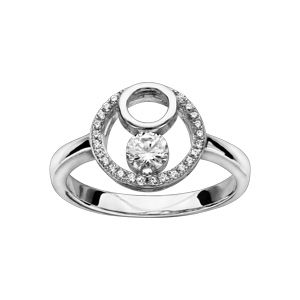 Bague en argent rhodi cercle contour oxydes blancs sertis et 1 oxyde blanc serti clos - Vue 1