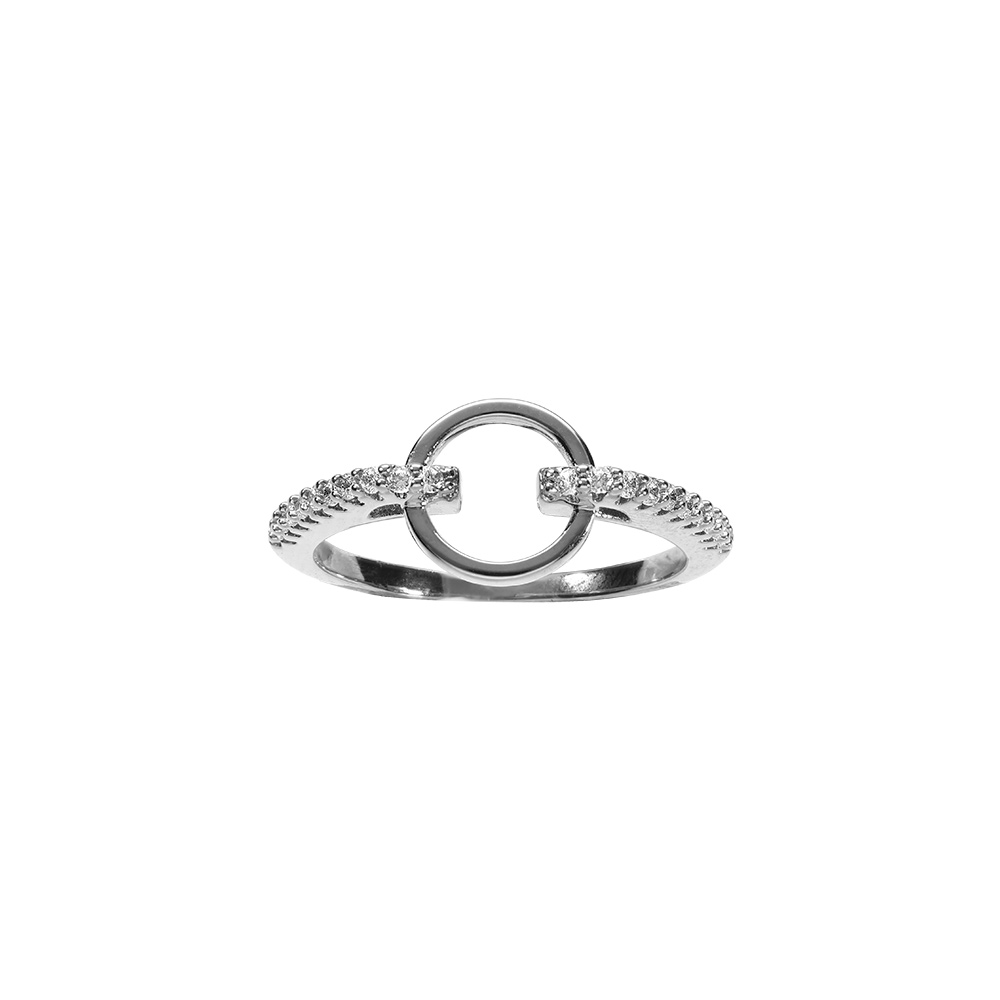 Bague en argent rhodi�, cercle lisse �vid� oxydes blancs sertis - Vue 1