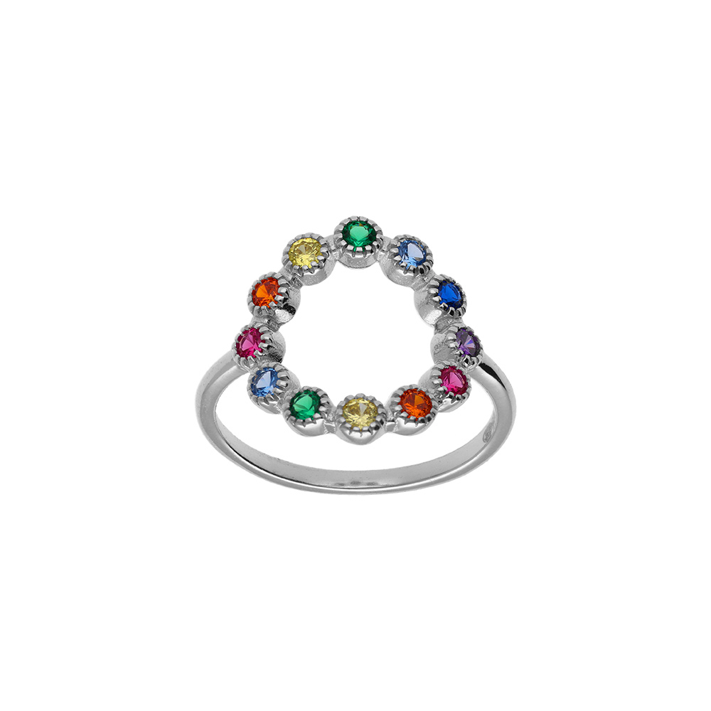 Bague en argent rhodi, cercle oxydes multi couleurs - Vue 1