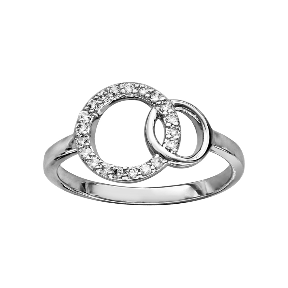 Bague en argent rhodi� 2 cercles entrelac�s dont 1 orn� d\'oxydes blancs - Vue 1
