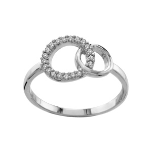 Bague en argent rhodi 2 cercles entrelacs dont 1 orn d\'oxydes blancs - Vue 1