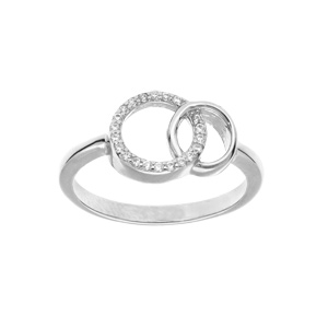 Bague en argent rhodi 2 cercles entrelacs 1 lisse et oxydes blancs sertis - Vue 1