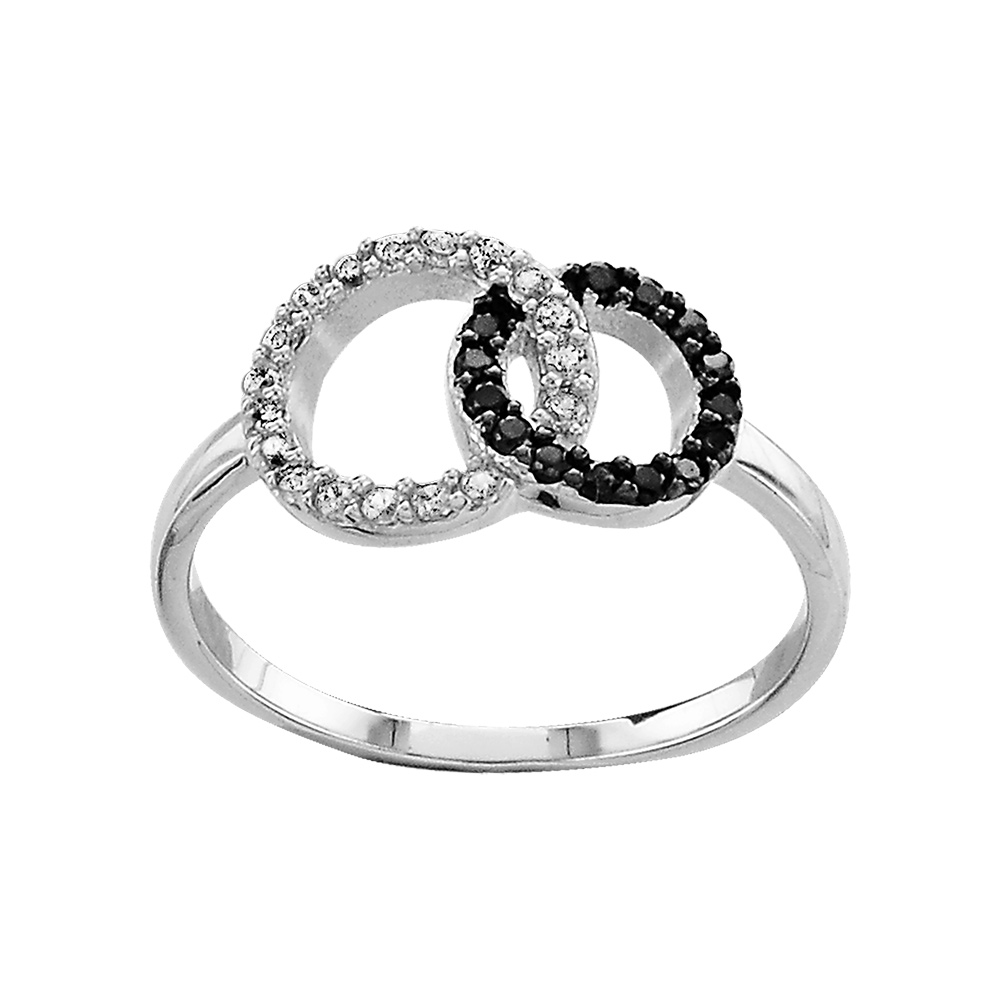 Bague en argent rhodi� 2 cercles entrelac�s : 1 orn� d\'oxydes blancs et 1 orn� d\'oxydes noirs - Vue 1