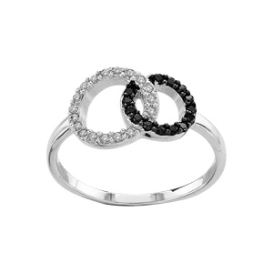 Bague en argent rhodi 2 cercles entrelacs : 1 orn d\'oxydes blancs et 1 orn d\'oxydes noirs - Vue 1