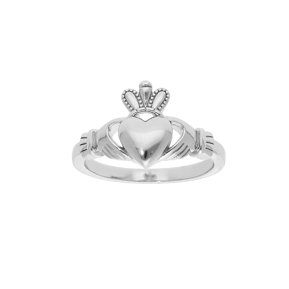 Bague en argent rhodi� claddagh irlande mod�le femme (amour, amiti�, loyaut�) - Vue 1