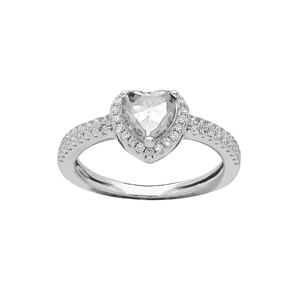 Bague en argent rhodi coeur 6mm oxyde blanc contour et rail oxydes blancs sertis - Vue 1