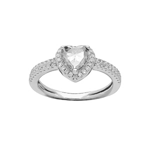 Bague en argent rhodi coeur 6mm oxyde blanc contour et rail oxydes blancs sertis - Vue 1