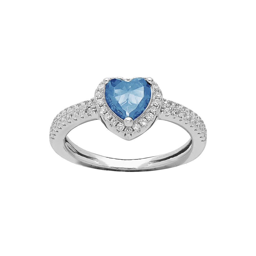 Bague en argent rhodi coeur 6mm oxyde bleu ciel contour et rail oxydes blancs sertis - Vue 1