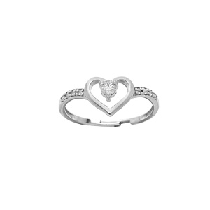 Bague en argent rhodi coeur avec oxydes blancs sertis taille rglable 46.48.50 - Vue 1