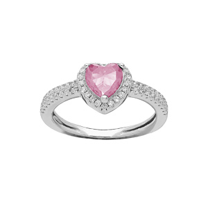 Bague en argent rhodi coeur de 6mm en oxyde rose contour et rail d\' oxydes blancs sertis - Vue 1