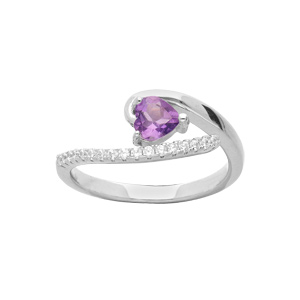 Bague en argent rhodi coeur en Amethyste vritable et oxydes blancs sertis - Vue 1