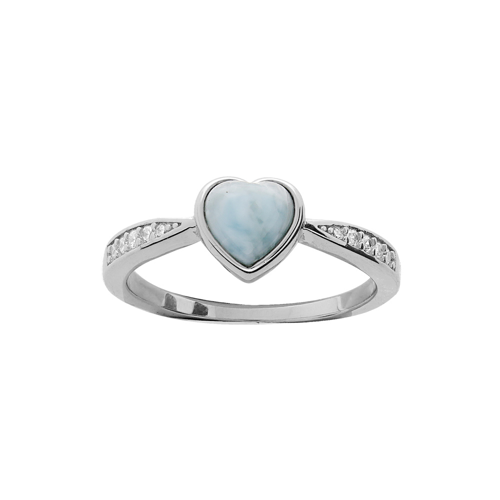 Bague en argent rhodi� coeur en pierre Larimar bleu v�ritable et oxydes blancs sertis - Vue 1