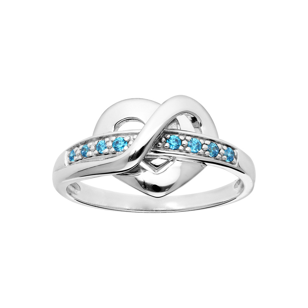 Bague en argent rhodi coeur entrelac et oxydes bleu ciel - Vue 1