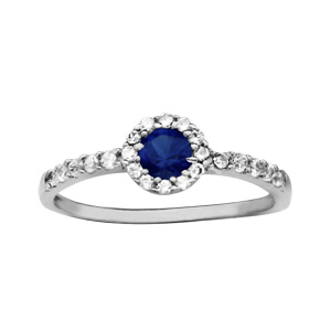 Bague en argent rhodi collection joaillerie avec oxyde bleu central et contour et demi anneau orns d\'oxydes blancs - Vue 1