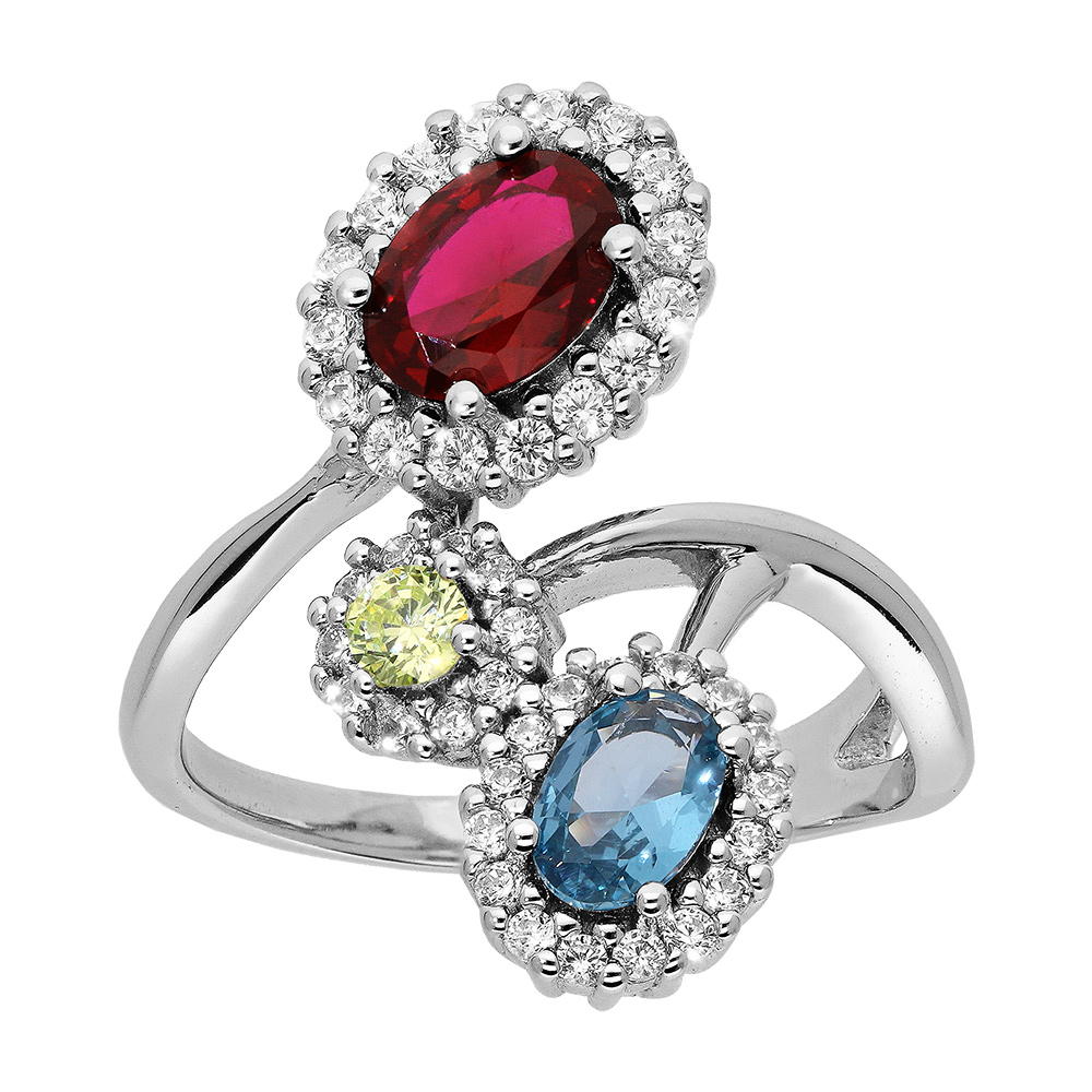 Bague en argent rhodi� collection joaillerie fleur avec oxydes multicouleur cercl�s d\'oxydes blancs - Vue 1