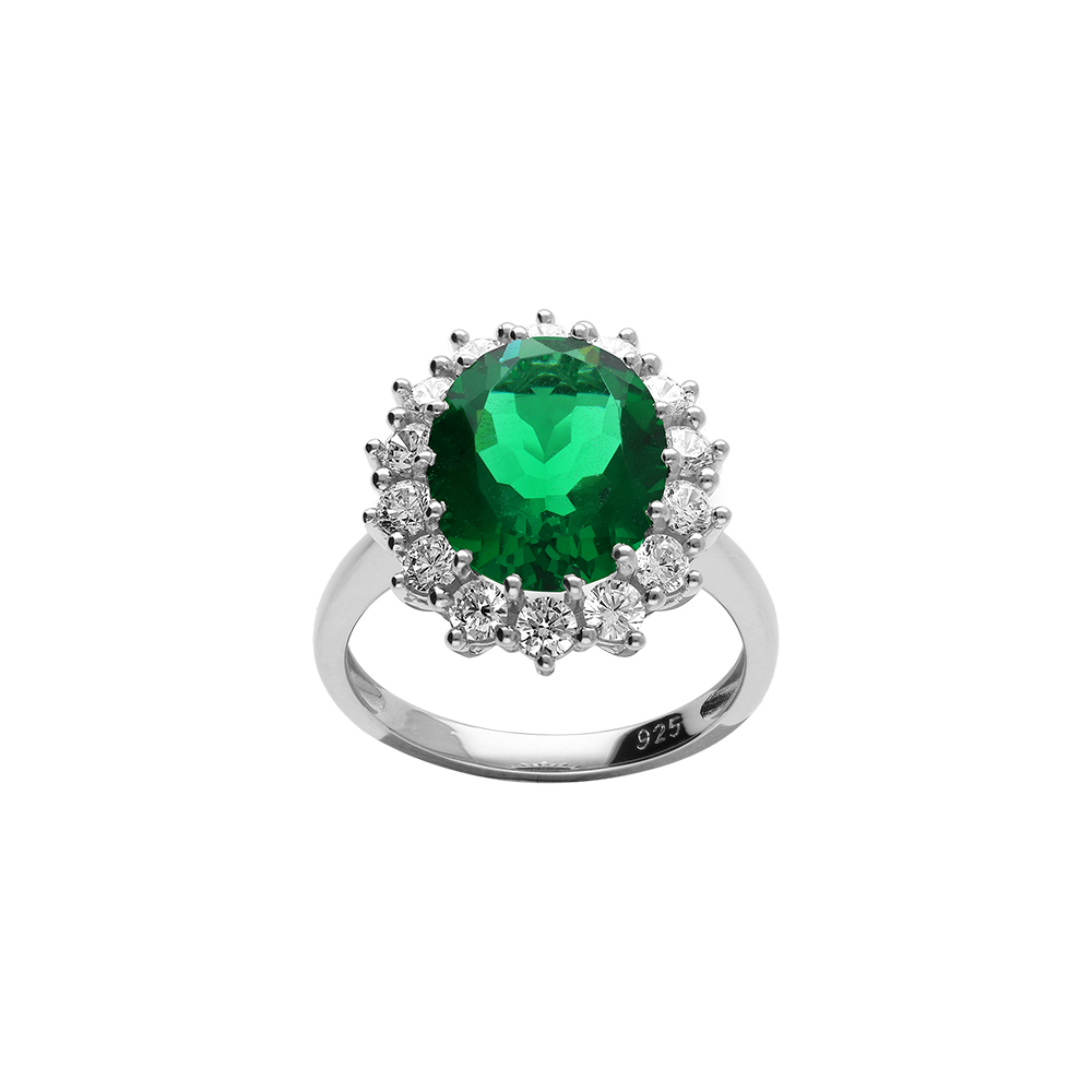 Bague en argent rhodi collection joaillerie orne d\'1 gros oxyde vert au centre entour de petits oxydes blancs - Vue 1